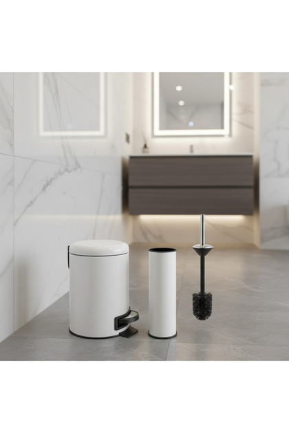 3 Litre BEYAZ Elit Lüks Banyo Seti Pedallı Çöp Kovası Tuvalet Fırçası LÜKS Banyo Çöp Kovası Hijyenik