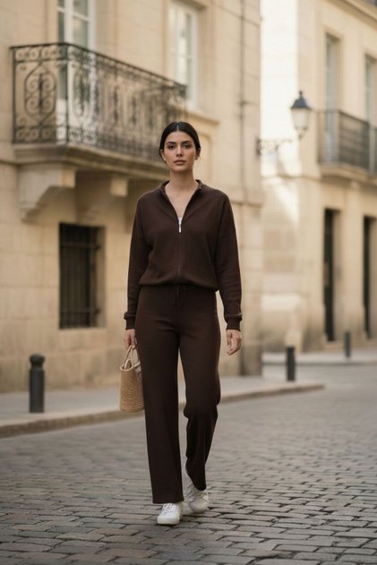 Set două piese damă: jachetă college și pantaloni din tricot reiat