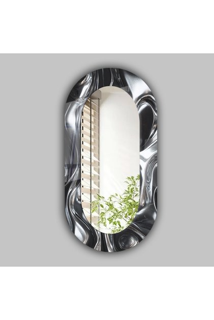 Metalik Krom Desenli Oval Duvar Aynası – Modern Fütüristik Dekoratif Ayna