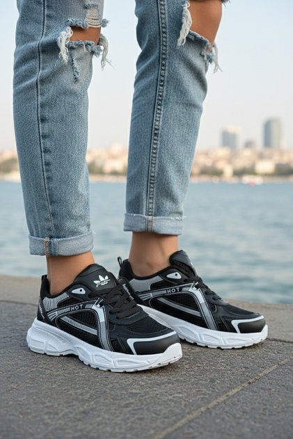 Women's Black and White Lace-Up Orthopedic Mesh High Sole Sneaker Daily Stylish Walking Sports Shoes