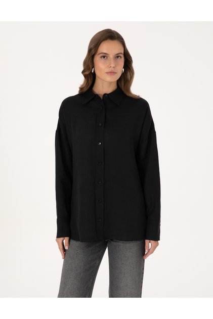 Black Oversize Long Sleeve 100% Linen Shirt 50301078-Vr046
