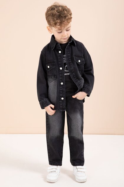Black Buttoned Jean Jacket and Trousers Boys' 3-Piece Set 23627