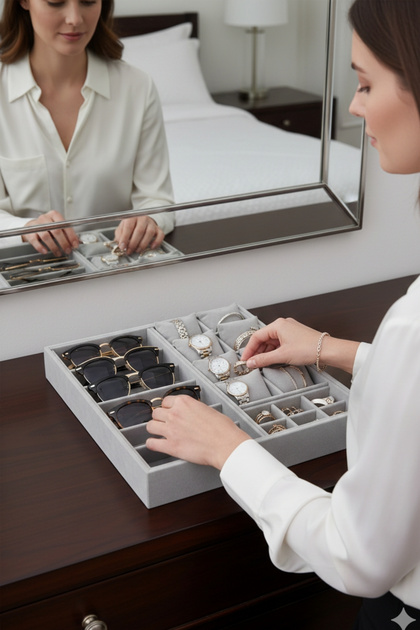36X38 Velvet Jewelry Organizer with 6 Glasses and 8 Watch Compartments Gray