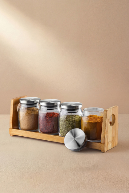5-Piece Spice Set with Steel Lid – Glass Spice Jar Set with Bamboo Stand