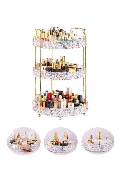 3-Tier 360° Rotating Crystal Cosmetic Organizer – Luxury Gold Metal Vanity Storage Stand