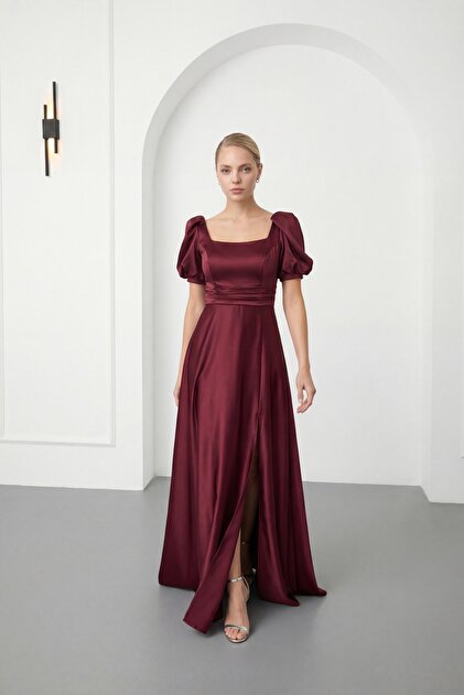 Lafaba Women's Burgundy Square Neck Balloon Sleeve Slit Dress for Promise,  Engagement, Wedding, Evening Dress- Trendyol