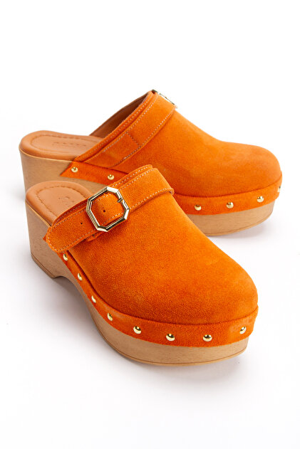 逞― takuma PASSAGE SHOES Kadın Hakiki Süet Deri Takunya Terlik 6220 ORANJ