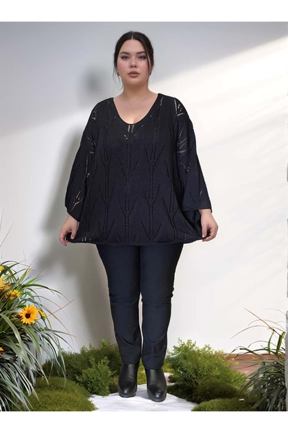 V-Neck Openwork Patterned Italian Mercerized Bluz Sweater