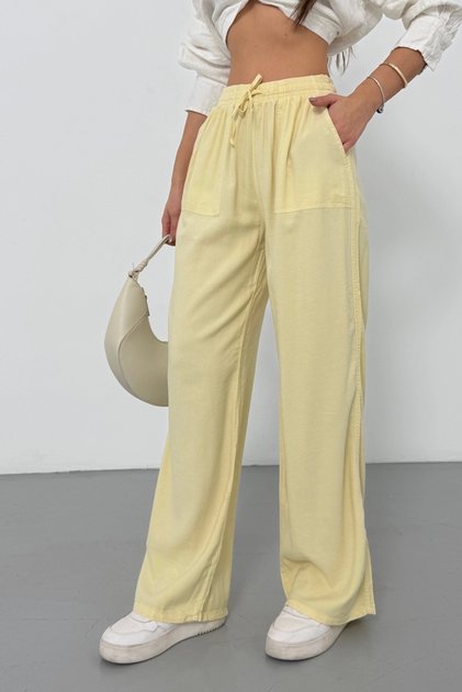 Women's Summer Yellow High Waist Elastic Waist Lace-Up Wide Leg Wide Cut Stylish Pocketed Premium Palazzo Pants