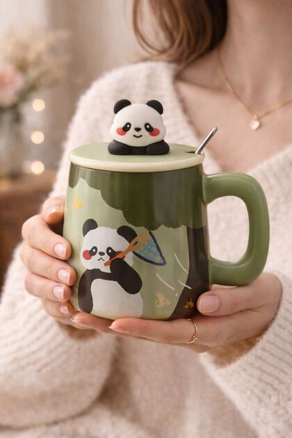 Sevimli Panda Kupa Kaşıklı Kupa Bardak Hediyelik Kupa