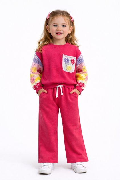 Fuchsia Knitted Floral Sleeves Wide Leg Girls' 2-Piece Set