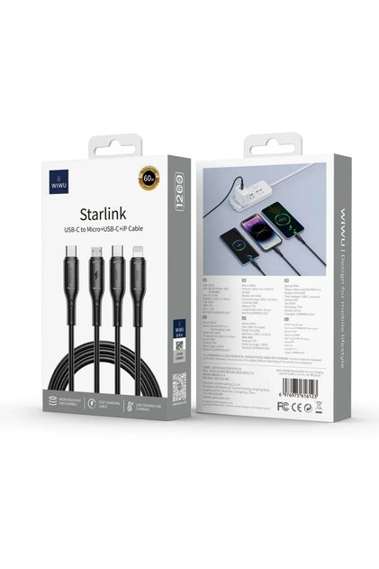 Wi-C045E Starlink 3-in-1 Fast Charging Cable 3.1A – Type-C / Lightning / Micro-USB – 1m
