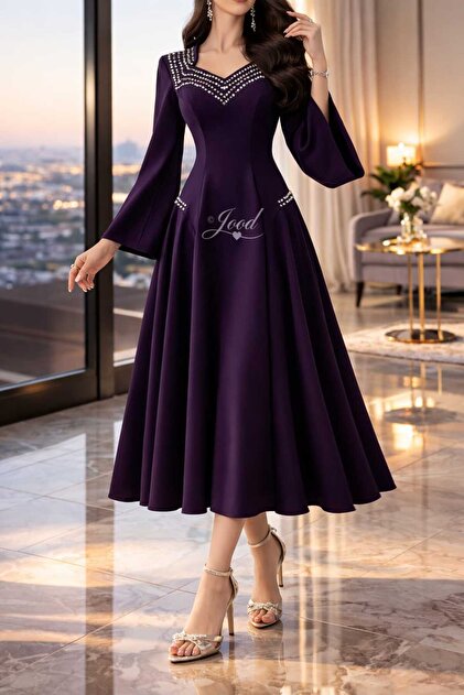 led style Elegant and luxurious women's dress with long sleeves and stylish  embroidery- Trendyol