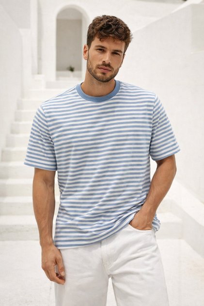 Erkek Mavi Çizgili Yumuşak Dokulu Pamuklu Basic T-Shirt