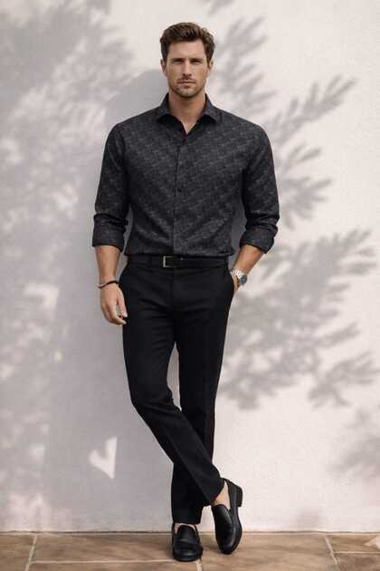 Black Background Beige Paisley Patterned Long Sleeve Men's Shirt