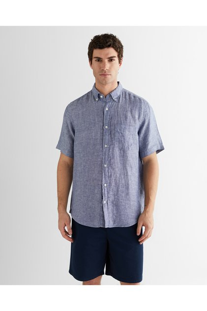Erkek Mavi Regular Fit Klasik Yaka Keten Gömlek