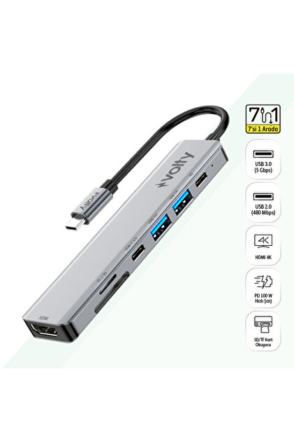 Type-C Çoğaltıcı Hub 7 in 1 | 4K HDMI, 100W PD, SD/TF, USB 3.0, Alüminyum (V0301004)