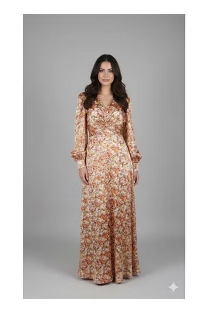 Long jalabiya made of soft satin fabric with an intricate floral pattern; elegant jalabiya with long sleeves.
