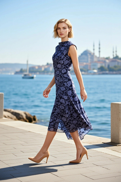 Women's Midi Dress High Neck Short Sleeve Tulle Knitted Floral Pattern Skater Fit Asymmetrical Cut Lined
