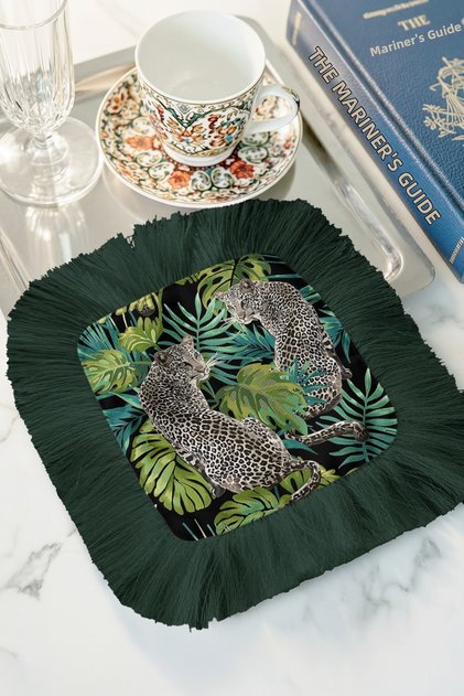 Exotic Charm Fringed Presentation Decoration Handkerchief-Wild Nature Tropical Bohemian Green Coffee Side Napkin