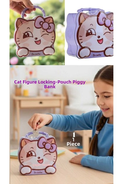 Purple Cat Figurine Lockable Piggy Bank Cute Animal Shaped Metal Piggy Bank with Bag (15 cm)