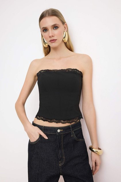 Black Lace Detailed Woven Finike Bustier Tprss26Bs00009