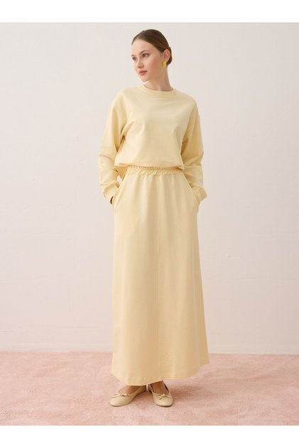 Basic Sweatshirt & Long Skirt Two-Piece Set - Light Yellow -