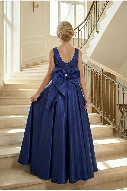 BUTKHAPPYKDS Girls' Evening Dress Cobalt Blue Shiny Satin Long Back Bow Evening  Dress 10-15 Years- Trendyol