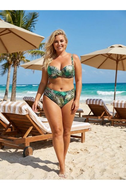 Women's Green Leopard Patterned Lined Plus Size Bikini Set Hzl25S-Lc25006