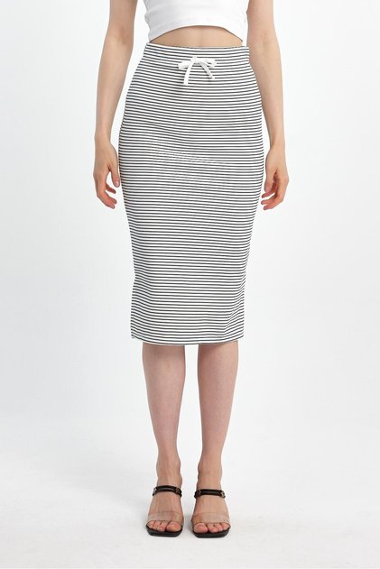 Women's Black and White Striped Stretchy Viscose Pencil Skirt