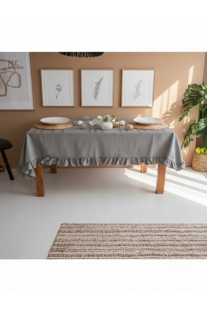 Grey Anthracite Linen Ruffle Tablecloth