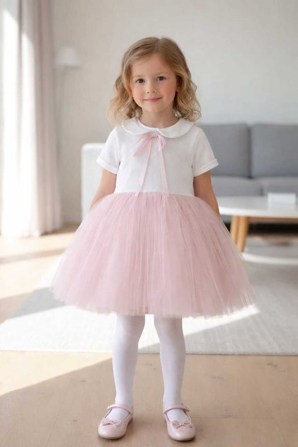 Perla Rochie Tutu Pufoasă Prințesă Fete Mânecă Scurtă Guler Bebe Lycra Elastic Roz Alb