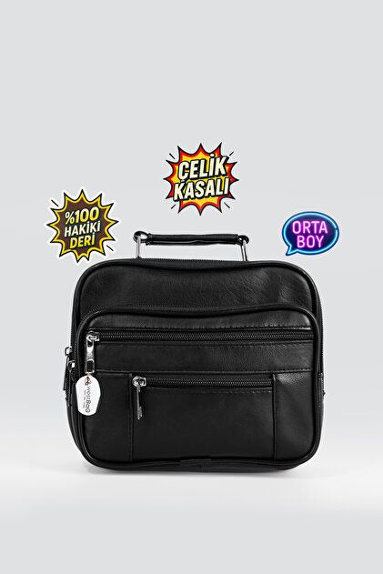 westbag Erkek Siyah Yatay Model Çelik Kasalı Hakiki Deri El Ve