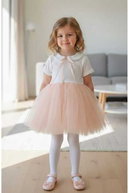 Perla Short Sleeve Girl's Princess Fluffy Tutu Dress Baby Collar Flexible Lycra Salmon White