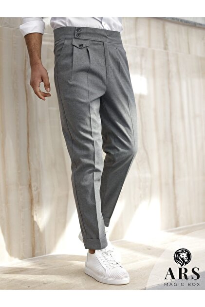 Ars Magi̇c Box New Season Cotton Baggy Double Pleated Comfortable Cut and Metal Buckle Standard Size Pants
