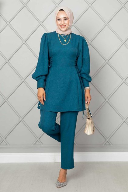 Side-Tie Linen Hijab Double Set Petrol