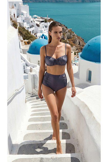 Yüksek Bel Drapeli Bikini Takımı - Parlak Kumaş