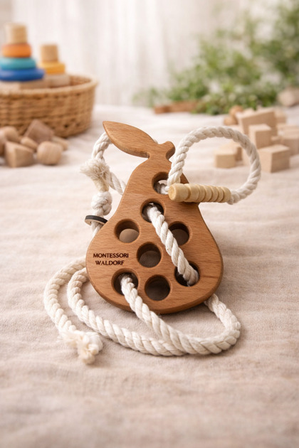 Solid Wood Montessori & Waldorf Stringing Fine Motor Skill Development Educational Toy / Pear