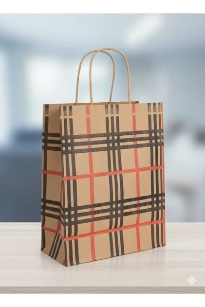 Kraft Kağıt Hediye Poşeti/çantası 25x12x31 25 Adet Çizgili Renkli Desen
