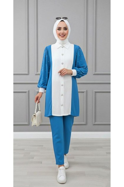 Twisted Crepe Vi̇ldan 2-Piece Set Crepe Fabric Women's Light Blue Beaded Detailed Pants Set