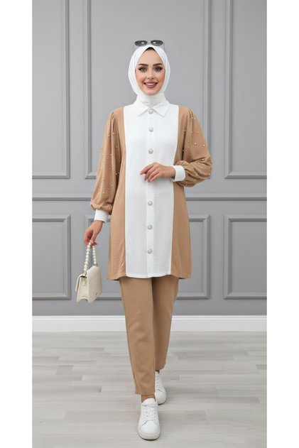 Twisted Crepe Vi̇ldan 2-Piece Set Crepe Fabric Women's Mink Bead Detailed Pants Set