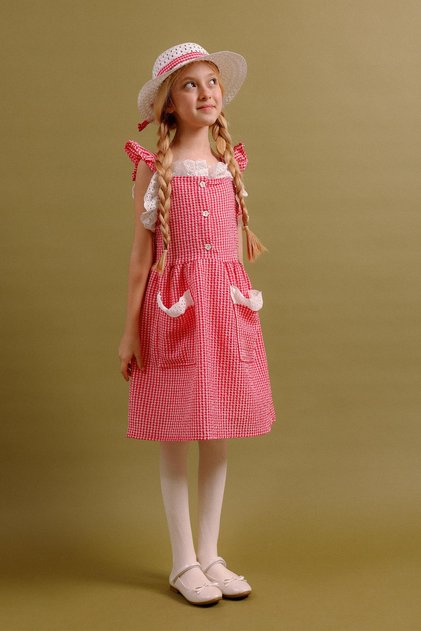 Girls' Checked Dress with Hat, Cotton Jersey Lined