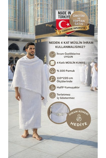 %100 Pamuk 4 Katlı Müslin İhram - İç Göstermez Hac-Umre Kıyafeti (110x220 cm) Kemer Hediyeli