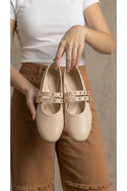 Women's Beige Double-Strapped Leather Ballerinas with Metal Accessory Detail 1cm Byndsk113