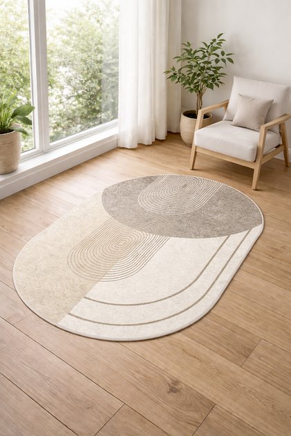 Dijital Kaymaz Yıkanabilir Vizon Krem Bej Oval Salon Halısı Mutfak Halısı Koridor Halısı Yolluk