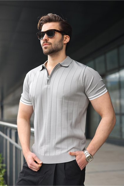 Men's Gray Polo Collar Zipper T-Shirt 6876