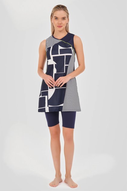 Patchwork Zero Sleeve Semi Covered Swimsuit