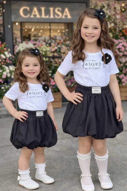 Girl's Flower Detail T-Shirt and Balloon Skirt Set for Eid