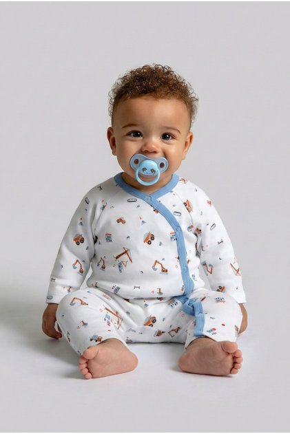 100% Cotton Blue Double-Breasted Collar Snap Fastener Baby Romper with Piping Detail