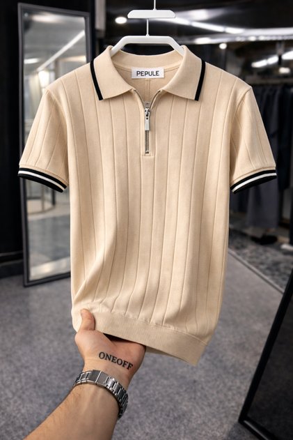 Beige Polo Collar Detailed Knitted Knitwear T-Shirt